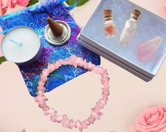 Love Intention Kit ~ Authentic Rose Quartz Chip Bracelet, Tumbled Gemstone and Chip Bottle, Pink Sea Salt, White Candle & White Sage Incense