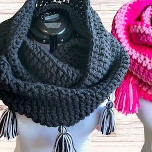 Crochet Snood Scarf Pattern with Tassels (PDF Digital Download), easy beginner pattern, cowl neck infinity scarf, MelodyYarnTinka pattern