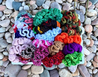 Handmade Crochet Hair Scrunchie, no break scrunchies, ruffle full hair scrunchies, MelodyYarnTinka, colorful hair scrunchies, cute hair ties