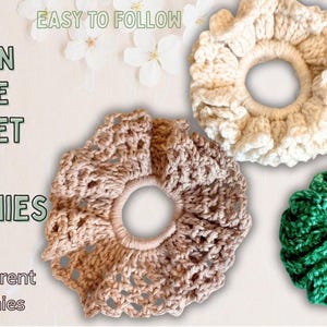 May include: Three handmade crochet hair scrunchies in cream, brown, and green. The scrunchies are round with a ruffled texture. The image includes text that reads "PDF Pattern Bundle Crochet Hair Scrunchies" and "Easy to Follow."