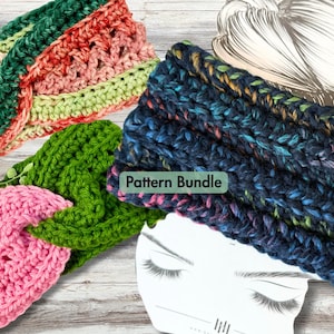 Puede incluir: Una colección de coloridas diademas de ganchillo hechas a mano en varios diseños. Las diademas presentan tonos de rosa, verde, azul y una opción multicolor. La imagen incluye el texto "Pattern Bundle".