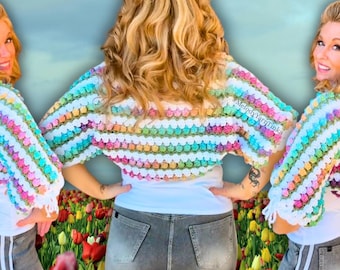 Crochet shrug pattern/ crochet sleeves sweater pattern/romantic tulip flower stitch / beginner friendly / made to measure / MelodyYarnTinka