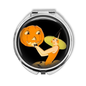 Art Deco Halloween Witch - with Pumpkin 1920s Jazz Age - Compact Mirror - Make Up Pocket Mirror for Cosmetics BCM68