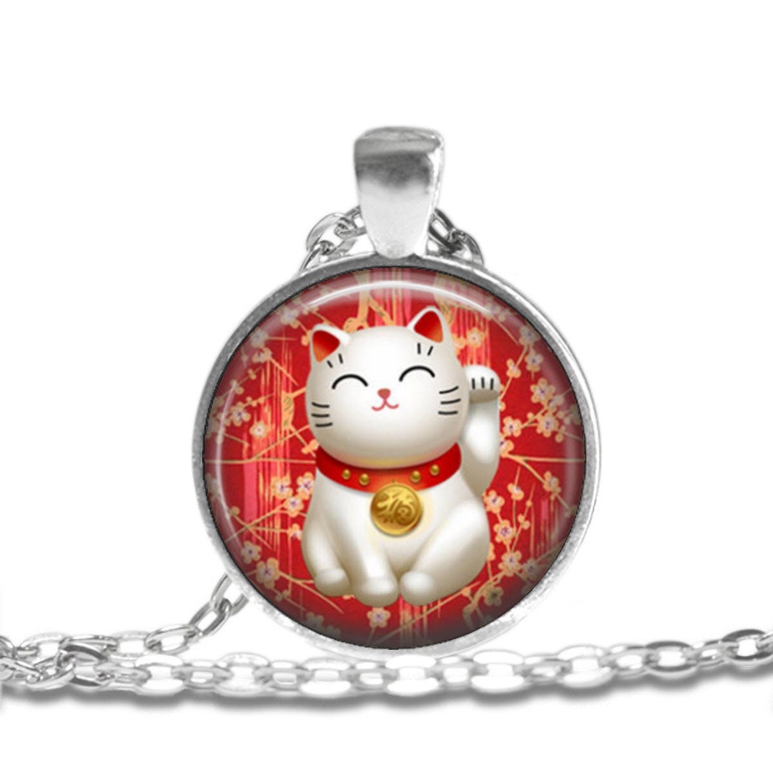 Good Luck Charm CAT Art Pendant Necklace SILVER BEZEL Etsy
