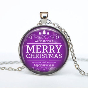 Merry Christmas & Happy New Year Purple Art Pendant Necklace, SILVER BEZEL BPN35