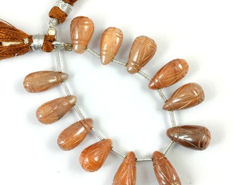 Attractive Brown Moonstone Beads/Teardrops Shape Carving Brown Moonstone Gemstone/4''Inch Strand/For Making Jewelry/12x7 To 15x6mm/F-3590