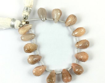 Natural Brown Moonstone Beads/Teardrops Shape Carving Brown Moonstone Gemstone/4''Inch Strand/For Making Jewelry/10x6 To 11x6mm/F-3587