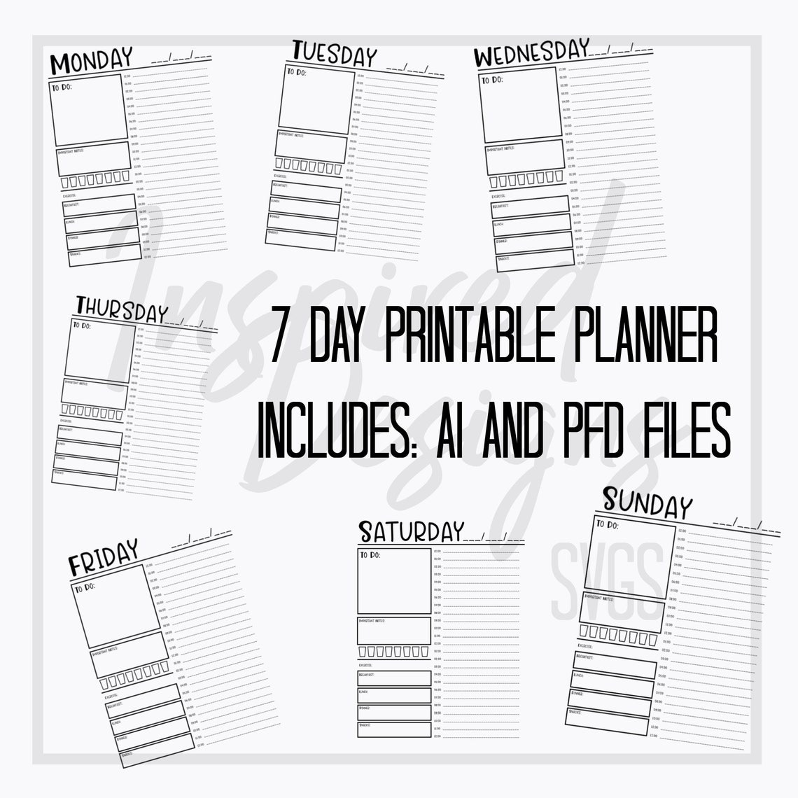 7 day printable planner pages digital download calendar etsy