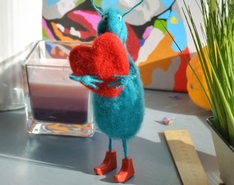 Artisanal Felt Critter Gifts: Surprise Someone Special with a Blue Felted Cockroach with Heart. Spread Love in the Strangest Way Possible.