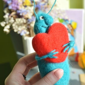 Artisanal Felt Critter Gifts: Surprise Someone Special with a Blue Felted Cockroach with Heart. Spread Love in the Strangest Way Possible.