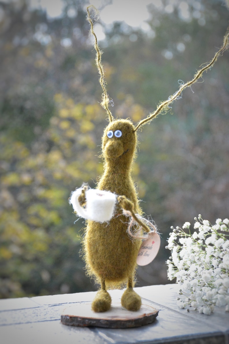 Needle Felted Animal Interior Toy Cockroach With A Cup Of Tea Toy Gift Toy. Hand made Accessory 100% Wool from Lviv Ukraine. image 1