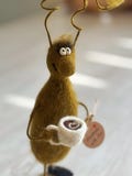 Needle Felted Animal Interior Toy Cockroach With A Cup Of Tea. Stuffed figurine. Gift for mom. Gift for grandma. Gift for wife. Easter