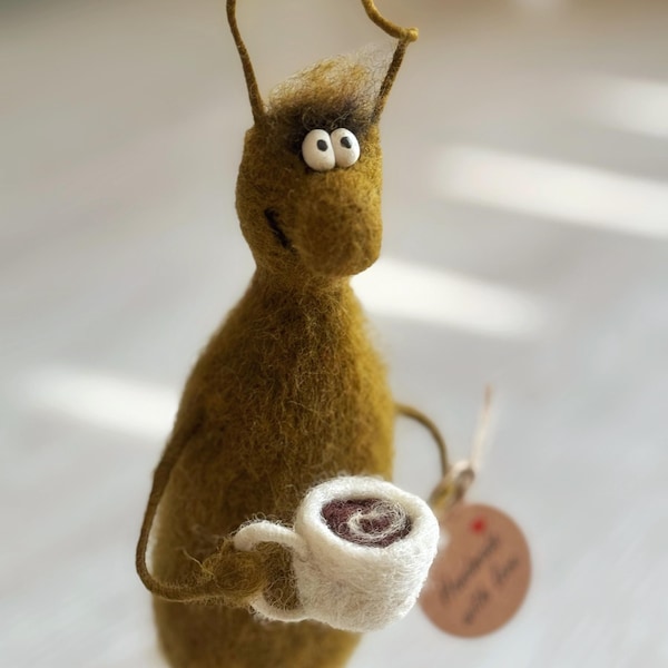 Needle Felted Animal Interior Toy Cockroach With A Cup Of Tea. Stuffed figurine. Gift for mom. Gift for grandma. Gift for wife. Easter