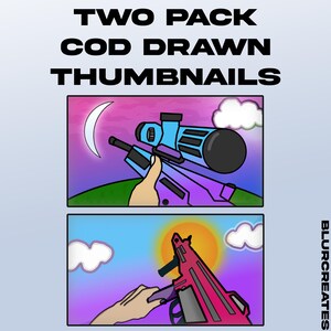 Puede incluir: Dos miniaturas de dibujos animados que muestran un rifle de francotirador y una ametralladora. El rifle de francotirador es azul y morado, sobre un cielo nocturno con una luna. La ametralladora es rosa, sobre un atardecer. El texto en la parte superior dice "TWO PACK COD DRAWN THUMBNAILS".