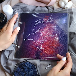 Guest Book for Galaxy Wedding, Personalized Universe themed Notebook for Wishes, Transparent Acrylic Cover Black White Turquoise Pages
