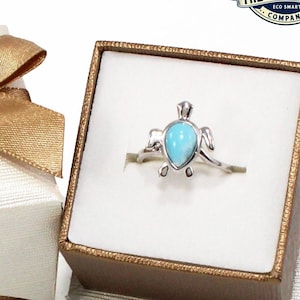 Natural Larimar Sea Turtle Women&#39;s Ring, Sterling Silver Teardrop Larimar Ring, Ocean Gifts, Turtle Gifts, Gemstone Rings, Something Blue