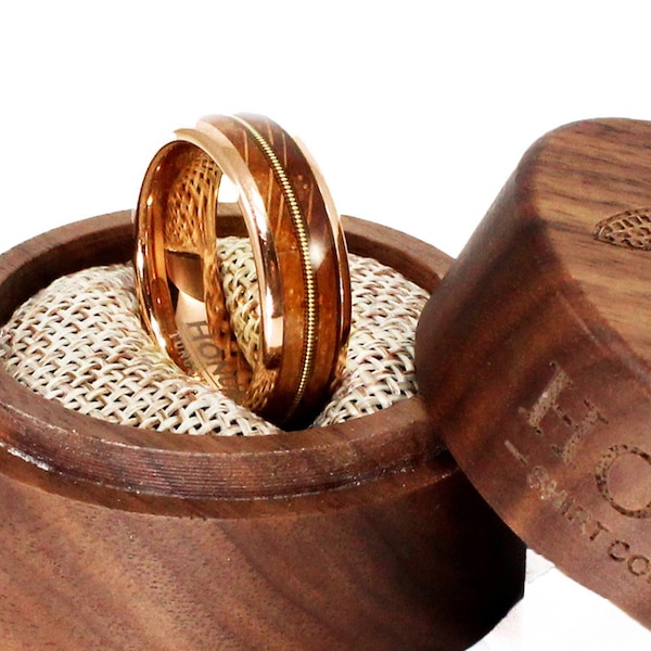 Guitar String Whiskey Barrel Wood Rose Gold Tungsten Ring | Musician Guitarist Wedding Band | Proposal Ring | Women's Men's 6mm & 8mm Rings