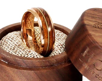 Guitar String Whiskey Barrel Wood Rose Gold Tungsten Ring | Musician Guitarist Wedding Band | Proposal Ring | Women's Men's 6mm & 8mm Rings