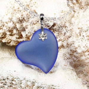 Hawaii Cobalt Blue Sea Glass Heart Necklace – Handmade in California, Blue Beach Glass Necklace, Italian Sterling Silver 16"-24" Rolo Chain