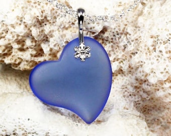 Hawaii Cobalt Blue Sea Glass Heart Necklace – Handmade in California, Blue Beach Glass Necklace, Italian Sterling Silver 16"-24" Rolo Chain