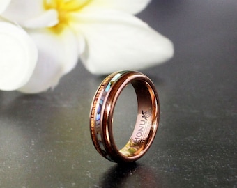Hawaiian Koa Wood Abalone Shell Tungsten Ring, Unisex Tungsten Carbide Ring, Koa Wood Abalone Wedding Bands, Womens 6mm & 8mm Rings