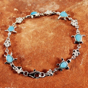 Natural Larimar Sea Turtle Sterling Silver Bracelet, Something Blue, Gift for Her, Birthday Gift, Anniversary Gift