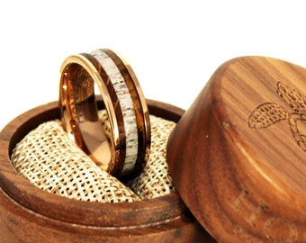 18K Rose Gold Deer Antler Whiskey Barrel Wood Tungsten Wedding Band, Men’s Tungsten Carbide Ring, Anniversary Ring | 6mm 8mm Unisex Ring