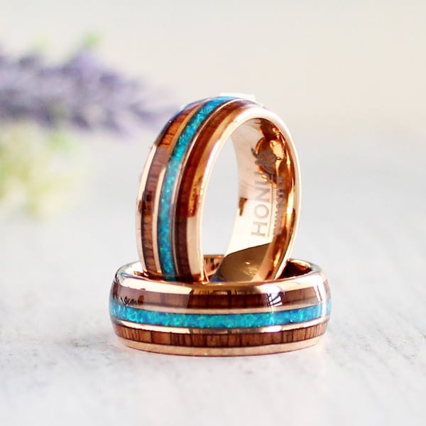 Koa Wood Blue Opal Tungsten Ring, 18K Rose Gold Tungsten Carbide Ring, Hawaiian Wood Opal Wedding Bands, Unisex Women's Men's 6mm 8mm Rings