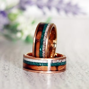 Celtic Moss Agate Whiskey Oak Deer Tungsten Ring, 18K Rose Gold Silver Tungsten Carbide, Hawaiian Koa Wood Wedding Bands, Women's Men's 8mm