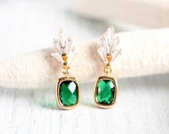 Dainty Gold Art Deco Crystal Fan Earrings, Emerald Green Bridesmaid Bridal Earrings, Stocking Stuffer Gifts For Her