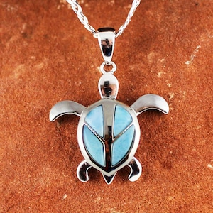 Large Larimar Sea Turtle Pendant on an Italian Sterling Silver Necklace, Men&#39;s | Unisex Necklace, Gift for Him, Gift for Her