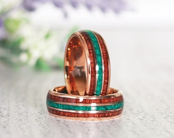 Koa Wood Moss Agate Tungsten Ring, 18K Rose Gold Tungsten Carbide Ring, Hawaiian Wood Wedding Bands, Unisex Women's Men's 8mm Rings