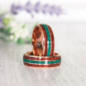 Koa Wood Moss Agate Tungsten Ring, 18K Rose Gold Tungsten Carbide Ring, Hawaiian Wood Wedding Bands, Unisex Women's Men's 8mm Rings
