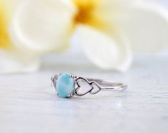 Dainty Larimar Silver Heart Women's Ring, 925 Sterling Silver Ring, Gift for Her, Something Blue, Promise Ring, Blue Rings