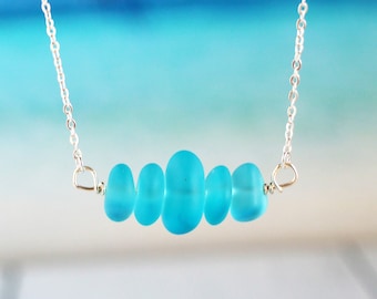 Hawaii Aqua Blue Sea Glass Necklace – Handmade in California | Aqua Beach Glass Necklace Adjustable Sterling Silver 16"-18" Rolo Chain