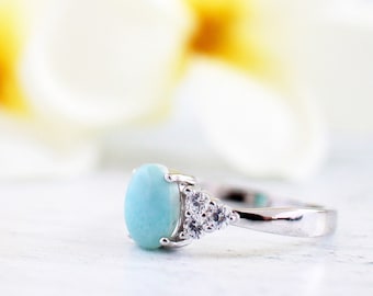 Natural Larimar Women's Ring with CZ, 925 Sterling Silver Ring, Blue Ring, For Women, Honu, Something Blue, Promise Ring, Engagement Ring