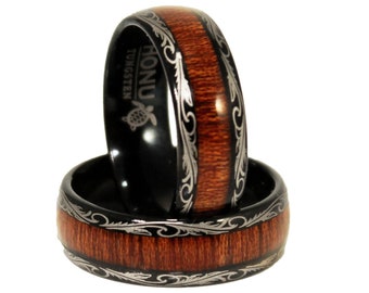 Black Koa Wood Tungsten Carbide Ring, Men’s Wedding Band, Hawaiian Koa Wood & Tungsten Carbide Band, 8mm Men's Ring | Sea Turtle