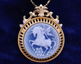 Victorian Unicorn Fairy Princess Blue Agate Cameo 18&quot; Necklace, 18k Gold Frame & CZ Crystals, Elegant Vintage-inspired Dark Academia Jewelry