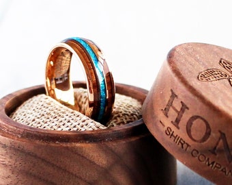 Koa Wood Blue Opal Tungsten Ring, 18K Rose Gold Tungsten Carbide Ring, Koa Wood Opal Wedding Band Ring, Unisex Women's Men's 6mm 8mm Rings