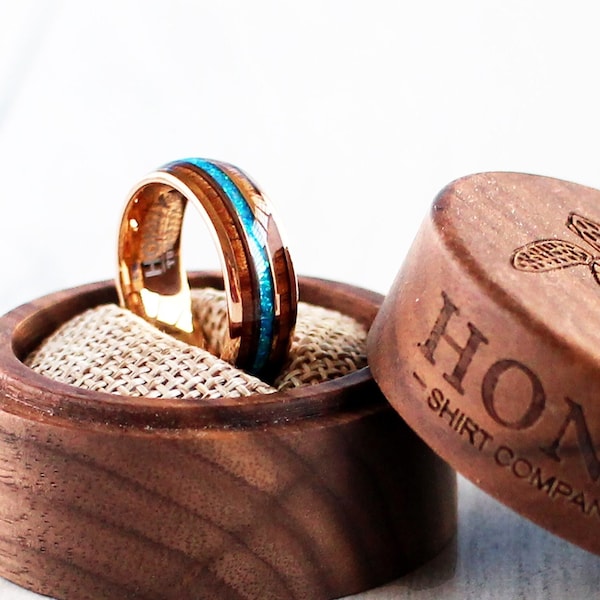 Koa Wood Blue Opal Tungsten Ring, 18K Rose Gold Tungsten Carbide Ring, Koa Wood Opal Wedding Band Ring, Unisex Women's Men's 6mm 8mm Rings