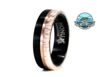 Rose Gold & Deer Antler Black Tungsten Wedding Band | Women's Men’s Anniversary Ring | 6mm 8mm Unisex Rings