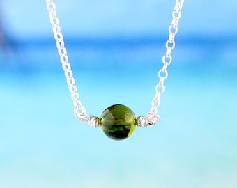 Dainty Olive Green Moldavite Anxiety Relief Necklace on Italian Sterling Silver, Empath Protection Necklace, Green Necklace, Birthday Gift