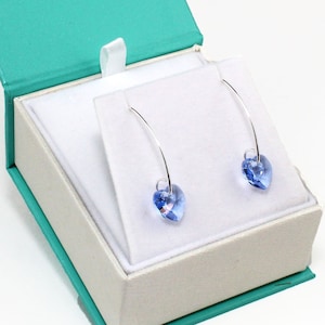 Sterling Silver Light Sapphire Blue Swarovski Crystal Heart Dangle Drop Earrings for Women, Blue Earrings, March September Birthstone