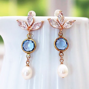 Blaue Swarovski Kristall Perle Tropfen Ohrringe, Süßwasser Perle Hochzeit Ohrringe, Vintage Style Schmuck, Brautjungfer Ohrringe, Geschenk für Sie