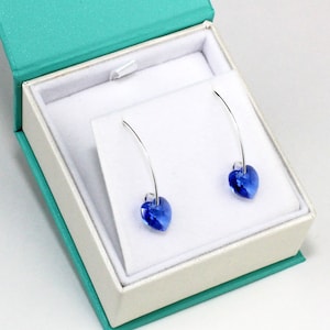 Sterling Silver Deep Sapphire Blue Swarovski Crystal Heart Dangle Drop Earrings for Women, September Birthstone Gift for Her Blue Wedding