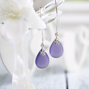 Hawaii Purple Sea Glass Teardrop Silver Marquise Earrings – Handmade in California | Purple Beach Glass Jewelry For Her