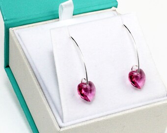 Sterling Silber Rose Pink Swarovski Kristall Herz baumeln Ohrringe für Frauen, Rosa Marquise Ohrringe, Geschenk für sie, Oktober Birthstone
