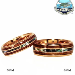 His & Hers Koa Wood Tungsten Wedding Ring Set, Abalone Shell Rose Gold Ring, Rose Gold Ring with Koa Wood Band, 6mm 8mm Men&#39;s Women&#39;s Ring