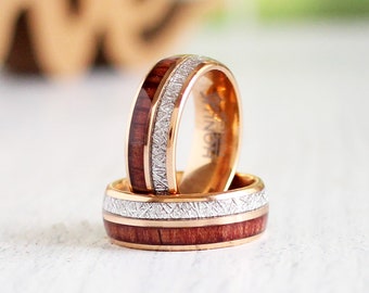 Meteorite & Koa Wood Rose Gold Tungsten Wedding Band, Gold Ring With Meteorite, Unisex Women's Men's 8mm Unique Ring, Anniversary Gift