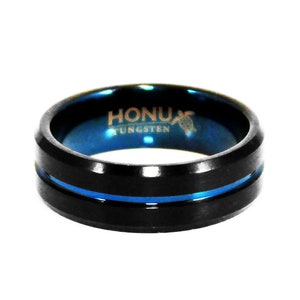 Black & Blue Tungsten Ring, Men&#39;s Tungsten Carbide Ring, Men&#39;s Black Wedding Band, Blue Tungsten Ring, Men&#39;s Ring, 8mm Unisex Rings